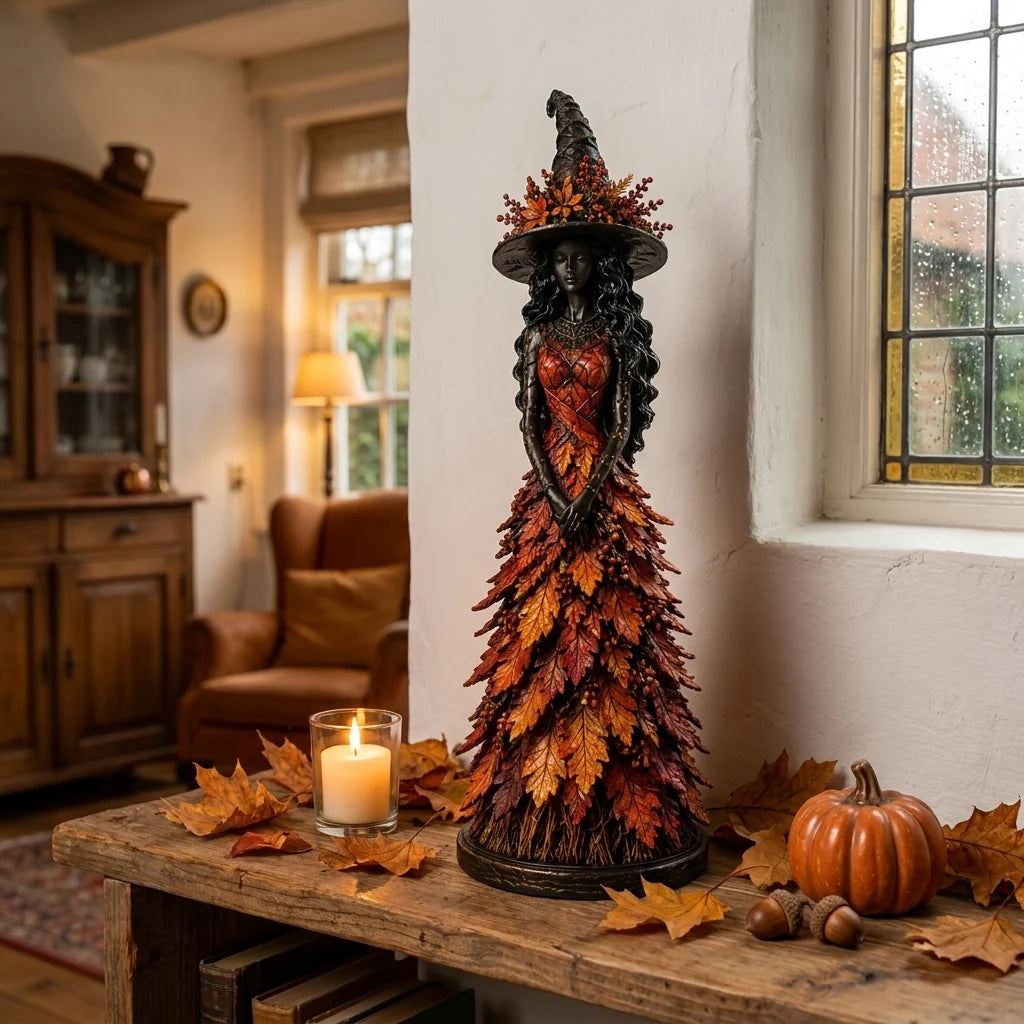 Witch Figurine Hand-Painted Leaf Details Handmade Autumn Decor