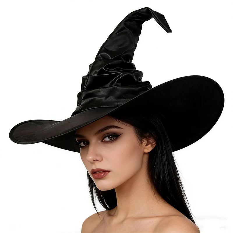 Witch Hat Satin-Like Fabric Adjustable Fit Wide Brim