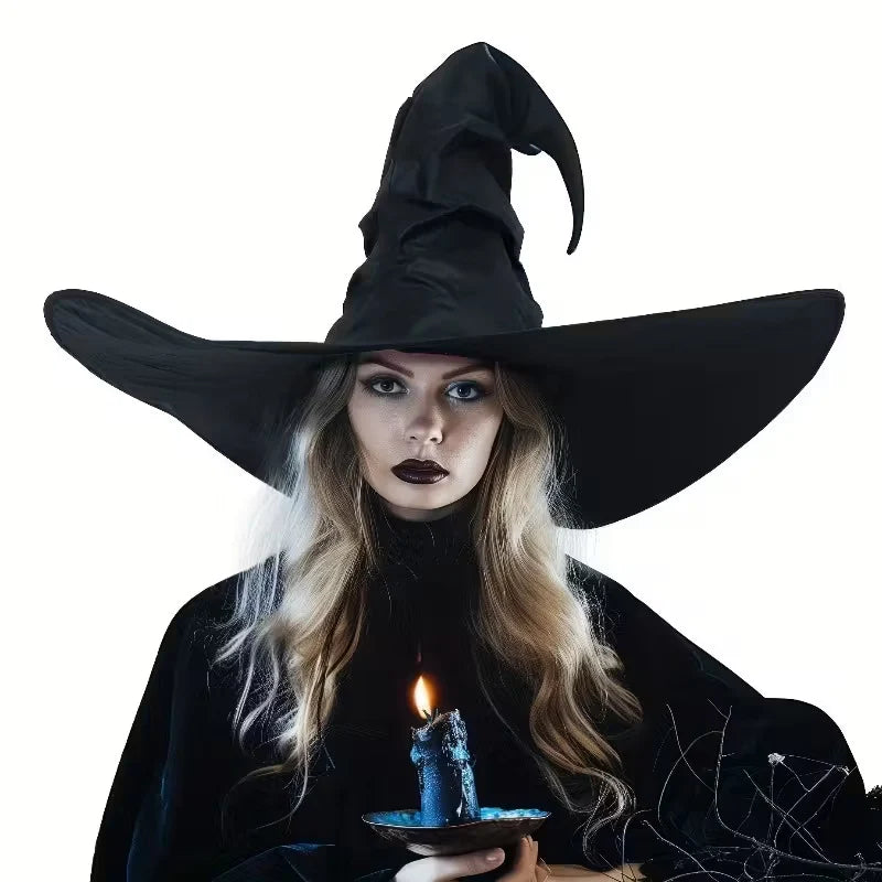 Witch Hat Satin-Like Fabric Adjustable Fit Wide Brim