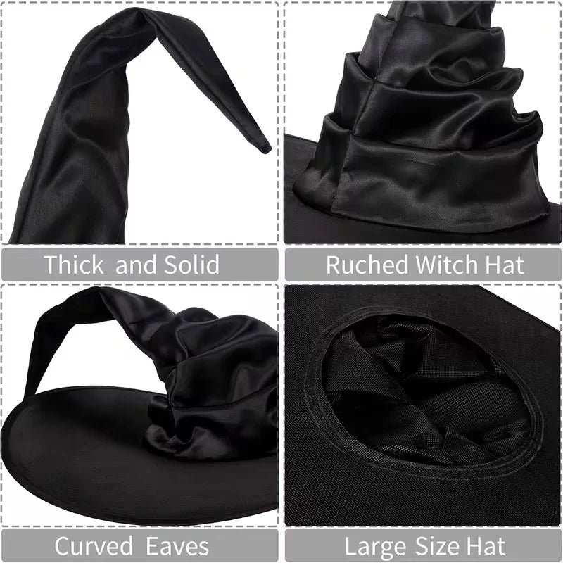 Witch Hat Satin-Like Fabric Adjustable Fit Wide Brim