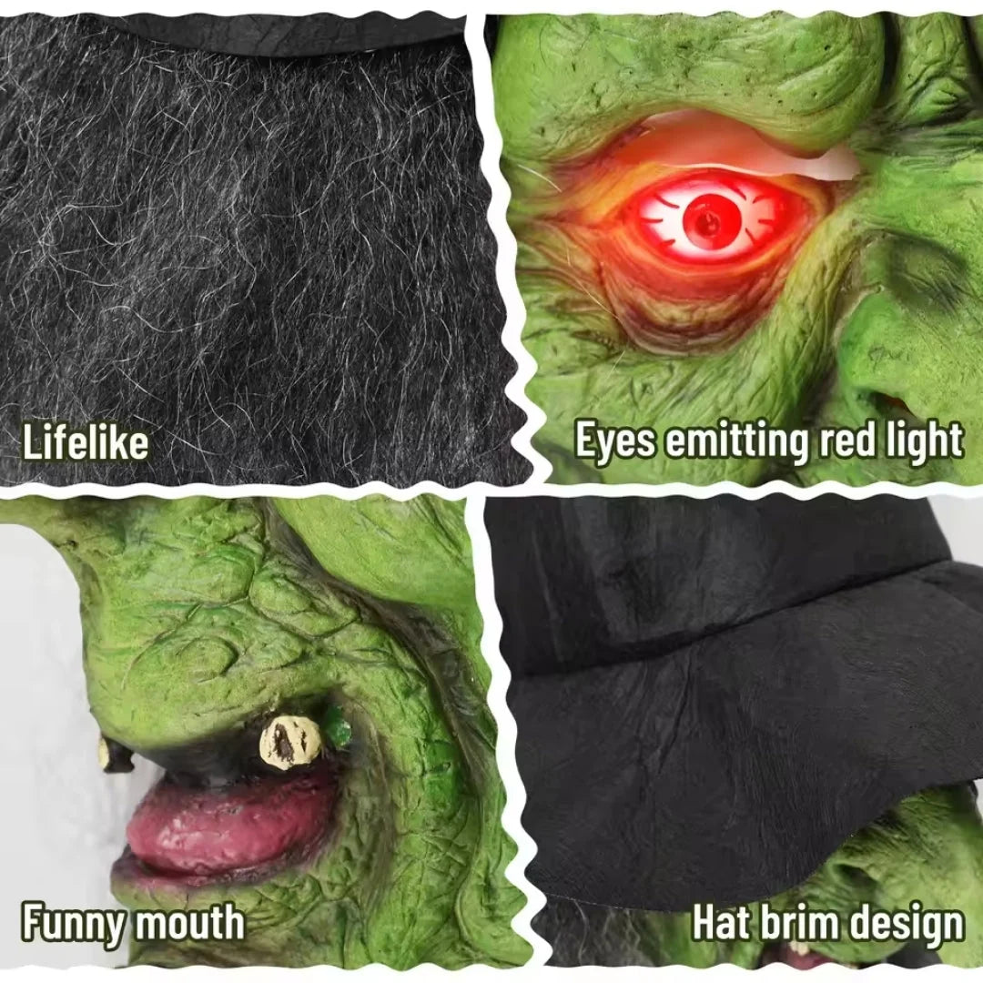 Witch Mask Glowing Eyes With Attached Hat Hair & Glasses
