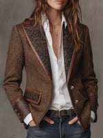 Women's Blazer Herringbone Paisley Lapels Contrast Piping