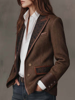 Women's Blazer Herringbone Paisley Lapels Contrast Piping