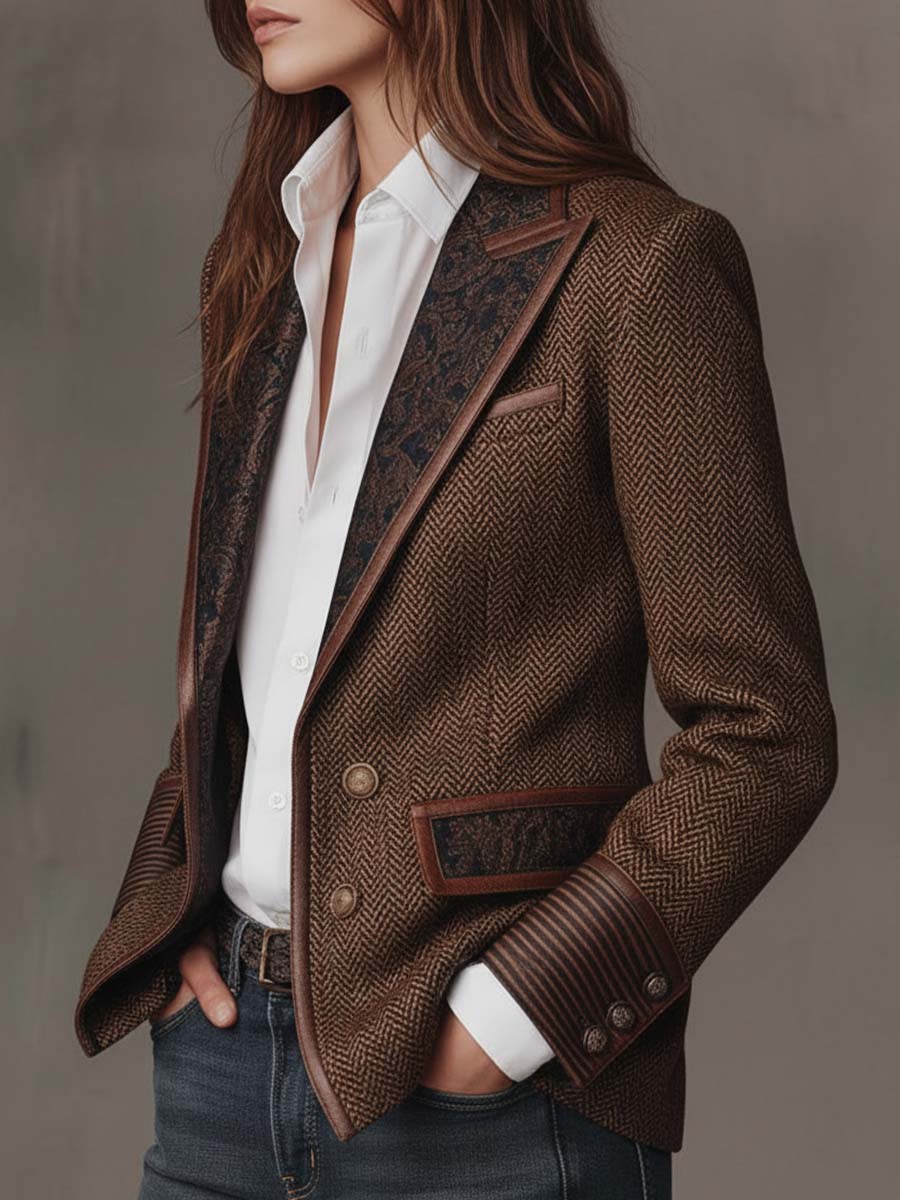 Women's Blazer Herringbone Paisley Lapels Contrast Piping