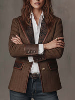 Women's Blazer Herringbone Paisley Lapels Contrast Piping