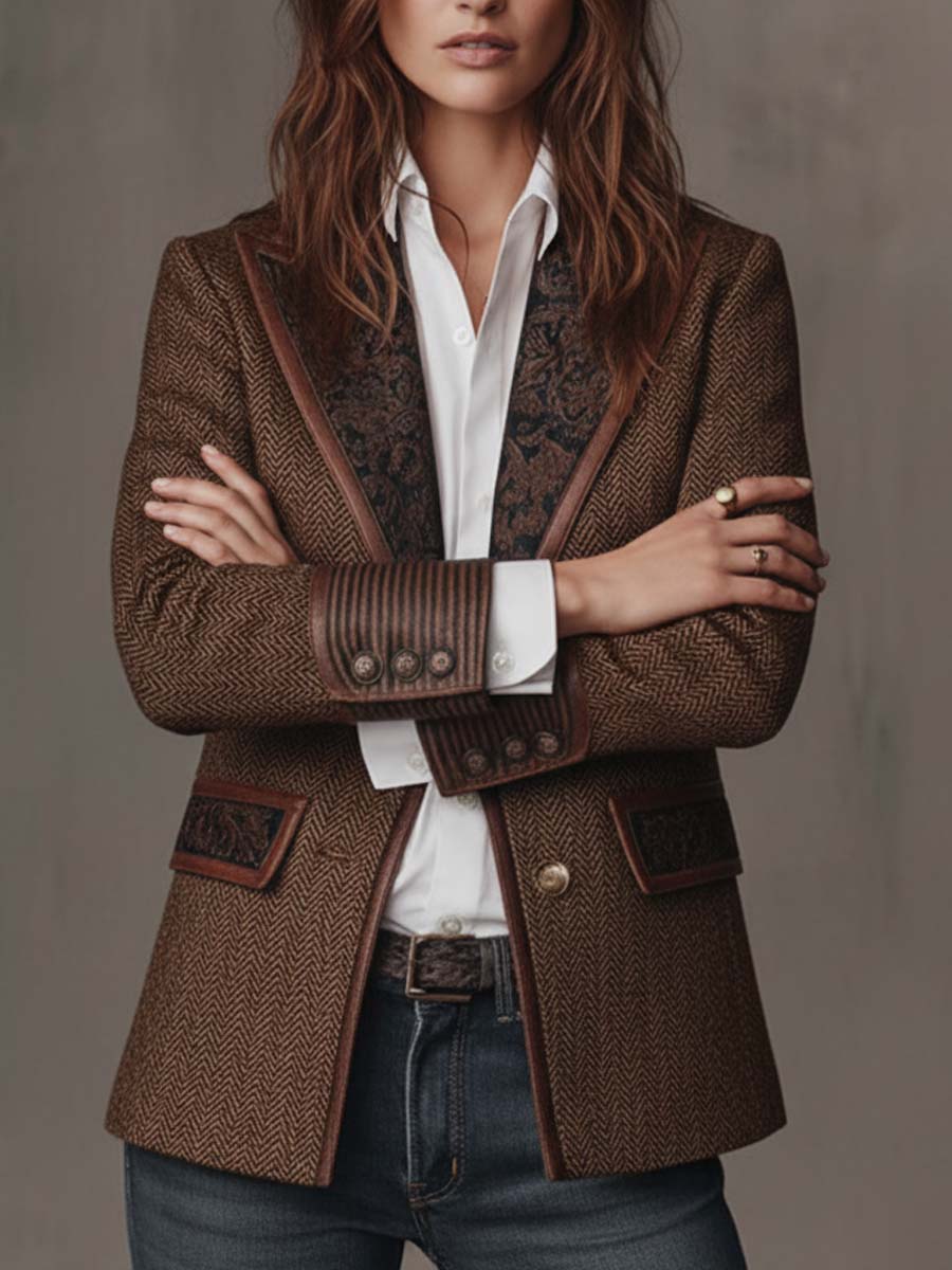 Women's Blazer Herringbone Paisley Lapels Contrast Piping