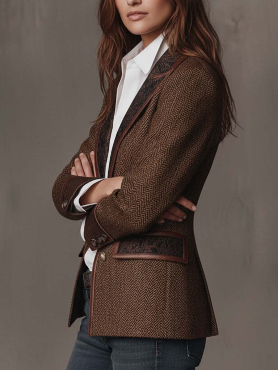 Women's Blazer Herringbone Paisley Lapels Contrast Piping