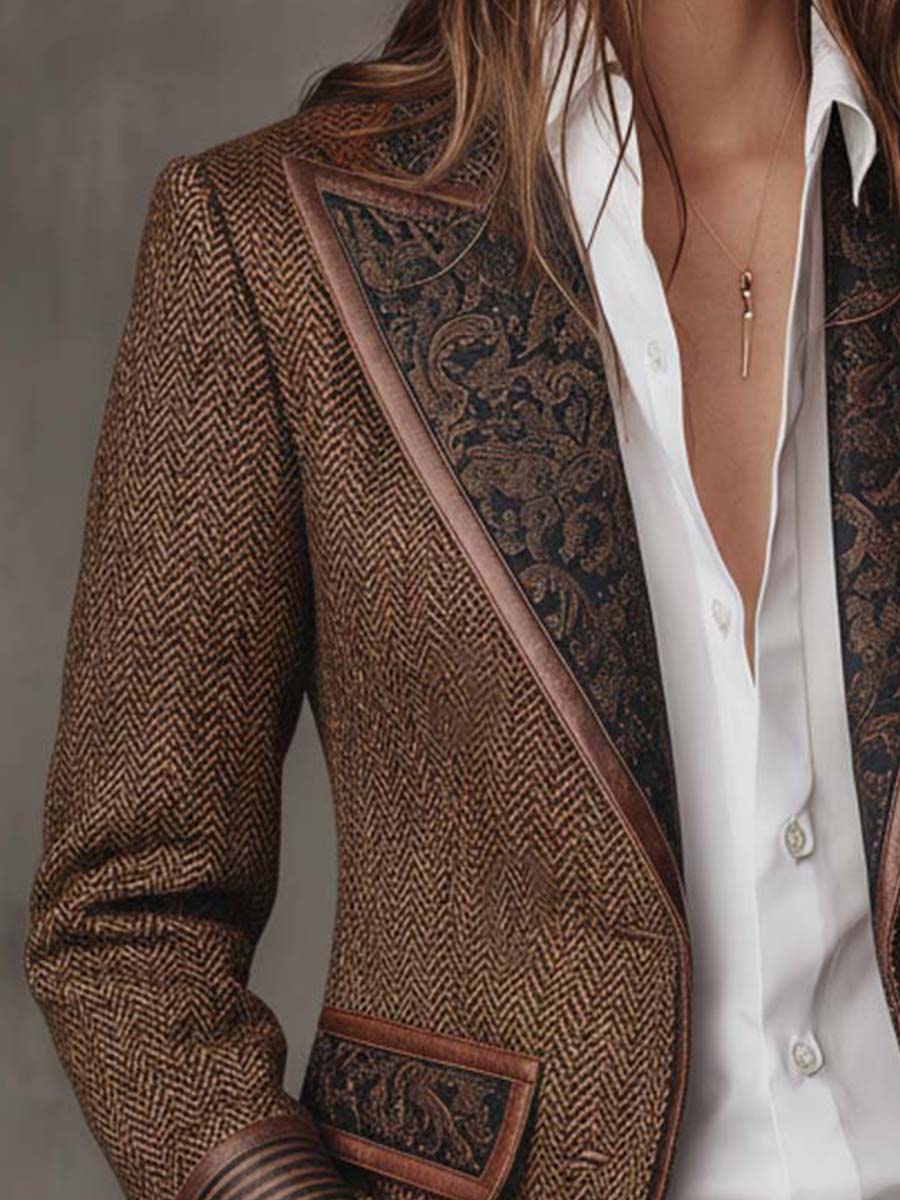 Women's Blazer Herringbone Paisley Lapels Contrast Piping