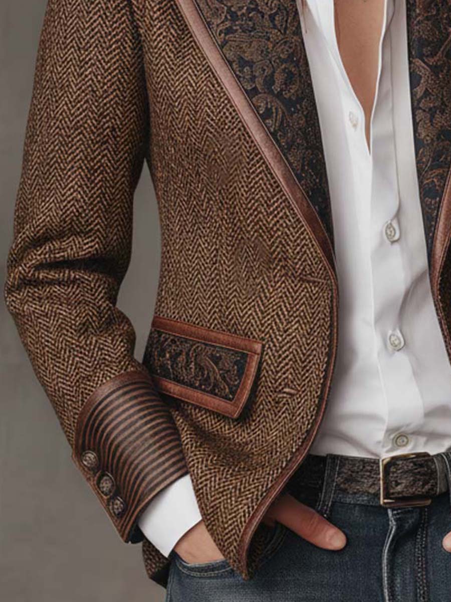 Women's Blazer Herringbone Paisley Lapels Contrast Piping