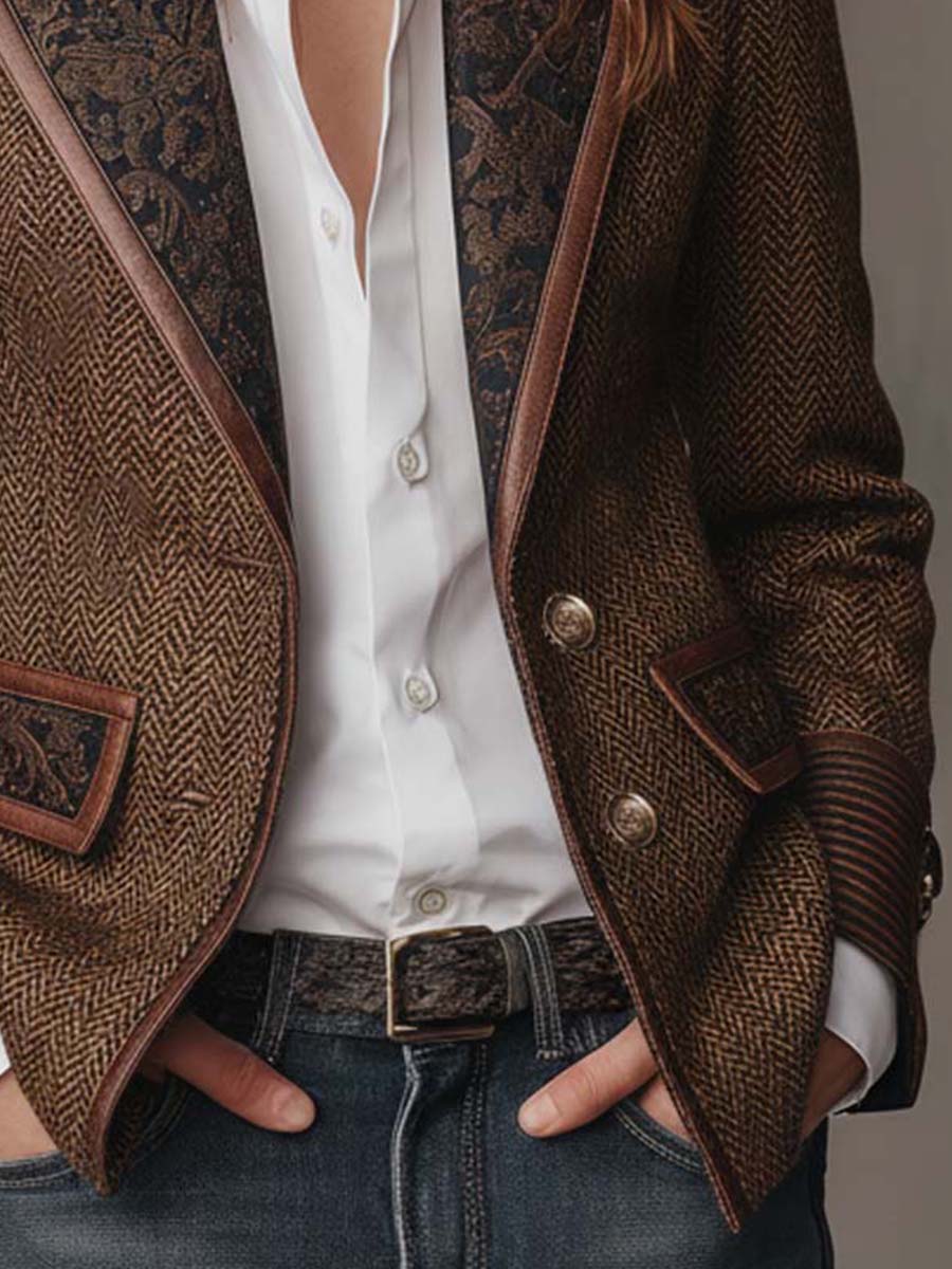 Women's Blazer Herringbone Paisley Lapels Contrast Piping