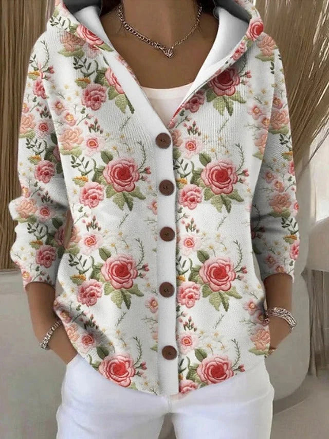 Women's Cardigan Artistic Floral Print Button-Front Relaxed Fit