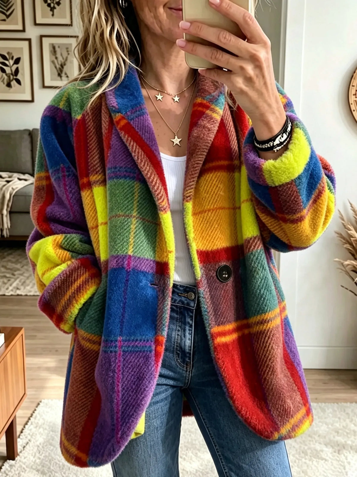 Women's Checked Coat Soft Fleece-Like Side Pockets