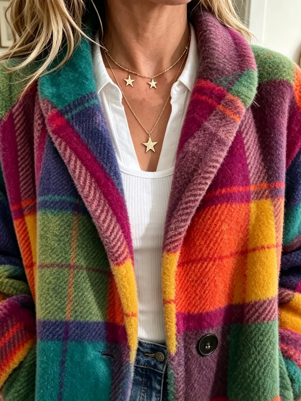 Women's Coat Plaid Fleece-Like Relaxed Fit Side Pockets