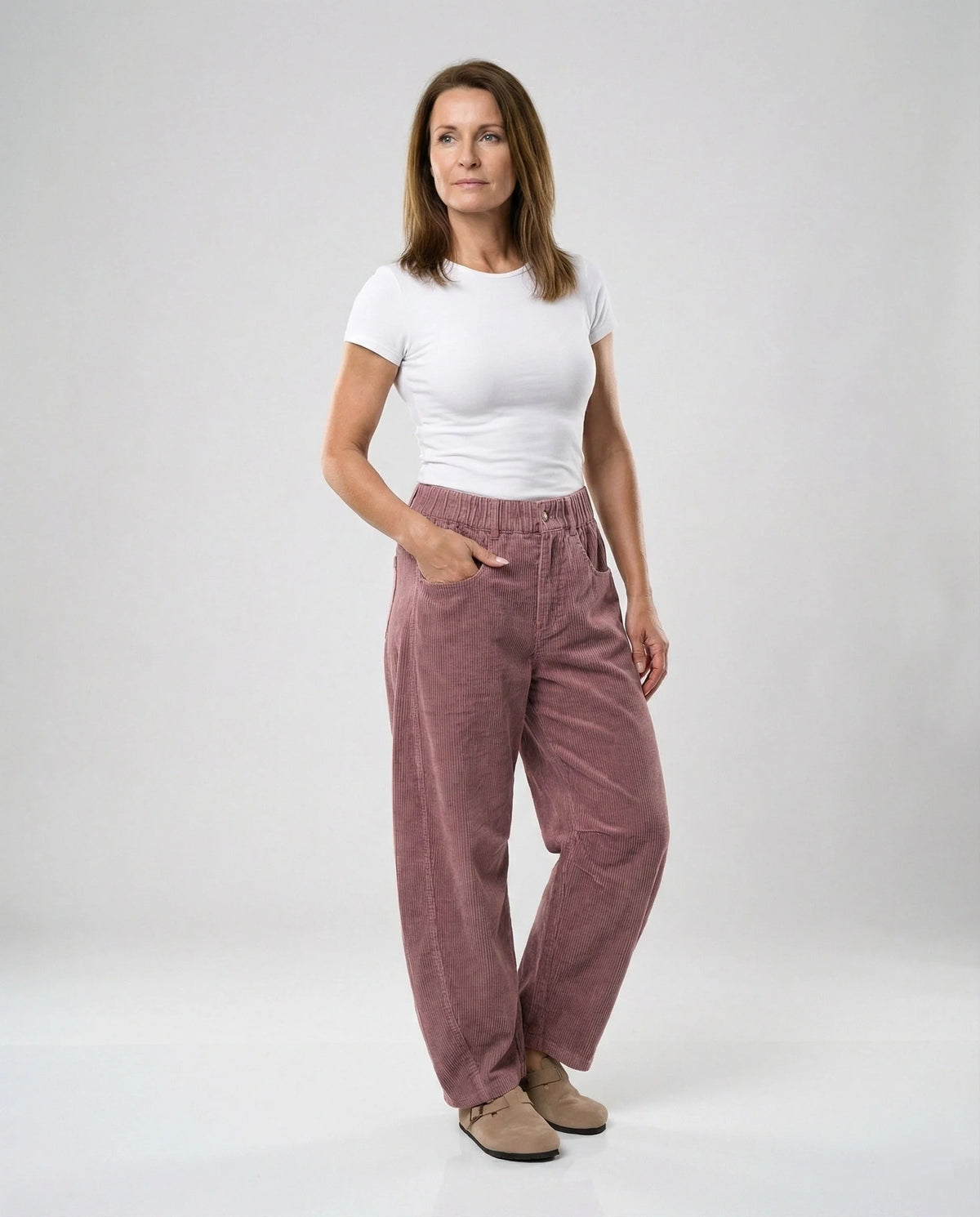 Women's Corduroy Trousers Wide Leg Elastic Waistband Pockets
