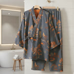 Women's Cotton Pajama Set Kimono Style Watercolor Print Breathable Lightweight Fabric