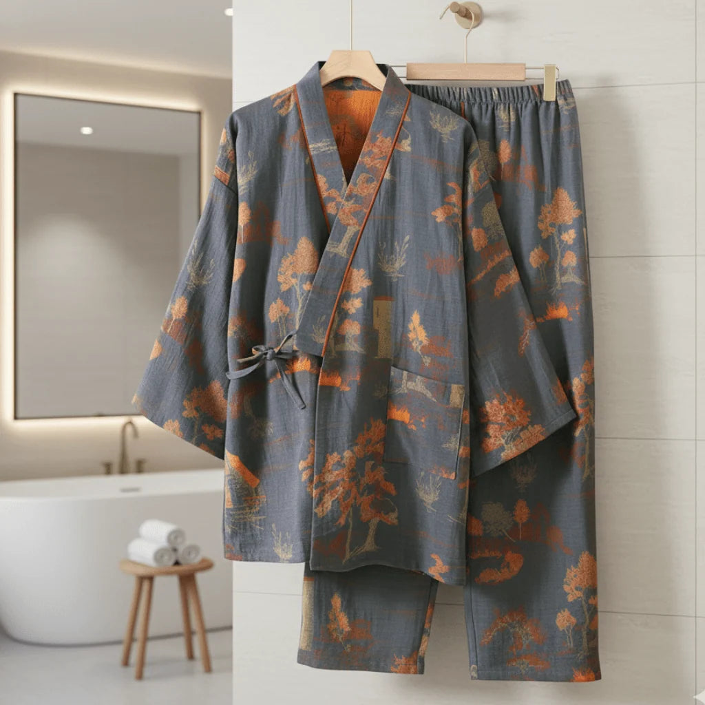 Women's Cotton Pajama Set Kimono Style Watercolor Print Breathable Lightweight Fabric