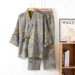 Women's Cotton Pajama Set Kimono Style Watercolor Print Breathable Lightweight Fabric