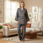 Women's Cotton Pajama Set Kimono Style Watercolor Print Breathable Lightweight Fabric