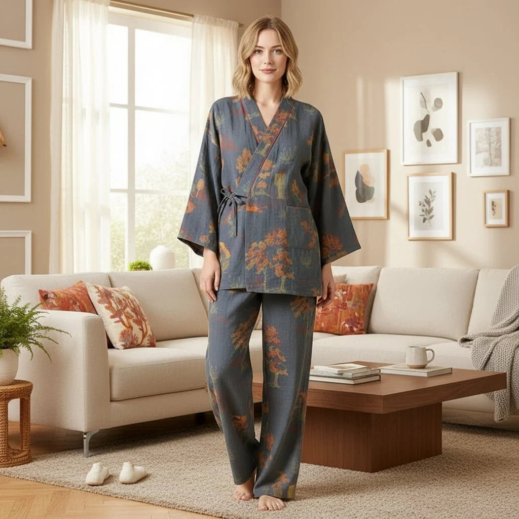 Women's Cotton Pajama Set Kimono Style Watercolor Print Breathable Lightweight Fabric