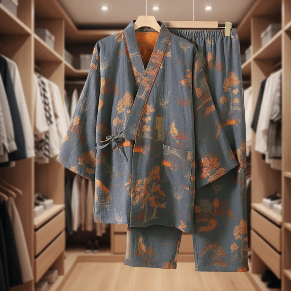 Women's Cotton Pajama Set Kimono Style Watercolor Print Breathable Lightweight Fabric