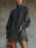 Women's Dress Faux Suede Fringed Hem Relaxed Fit