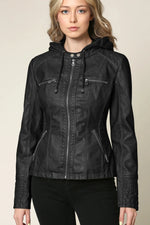 Women's Faux Leather Jacket Weather-Resistant Detachable Hood Soft Lining