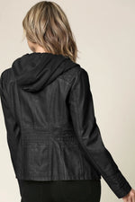 Women's Faux Leather Jacket Weather-Resistant Detachable Hood Soft Lining