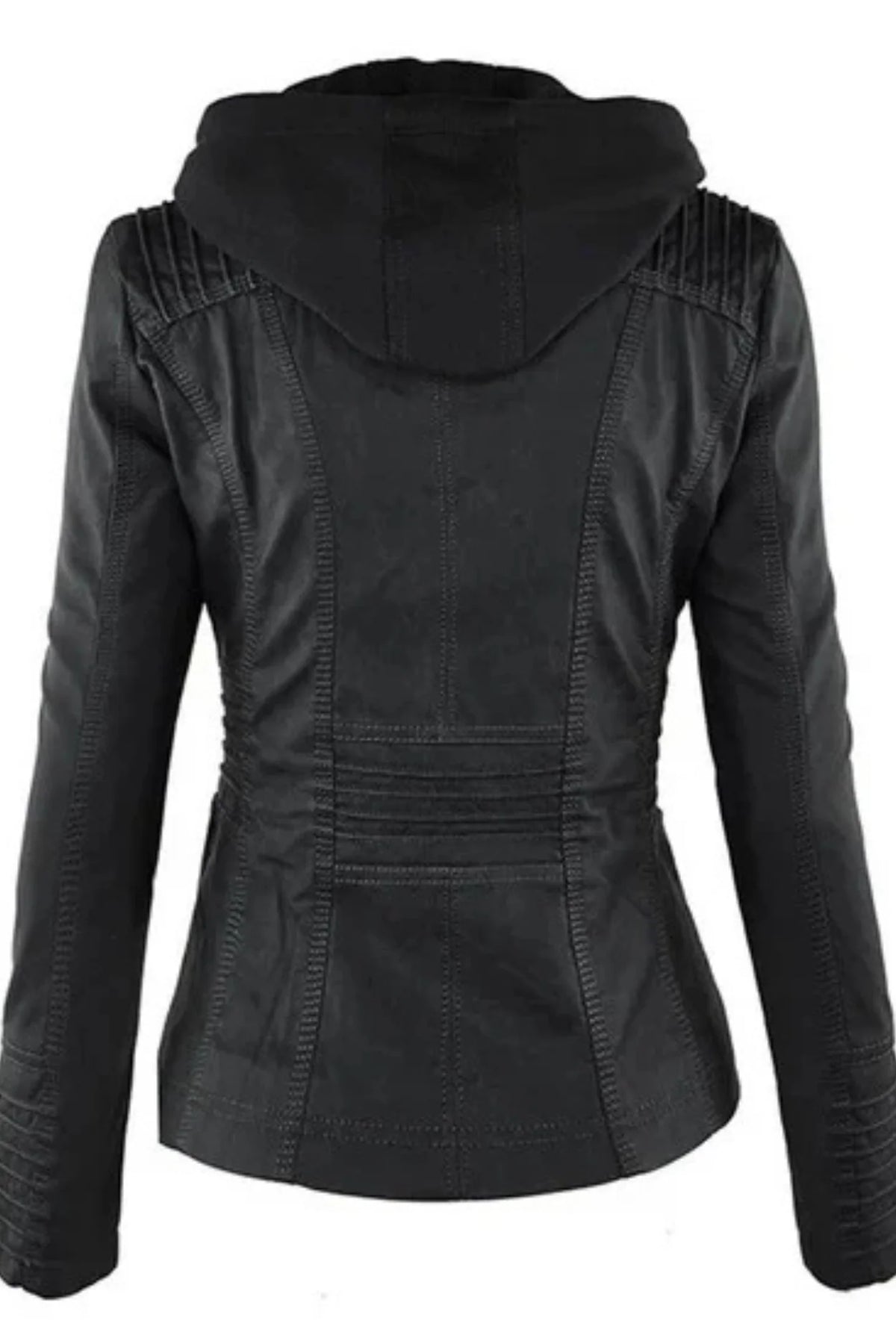 Women's Faux Leather Jacket Weather-Resistant Detachable Hood Soft Lining
