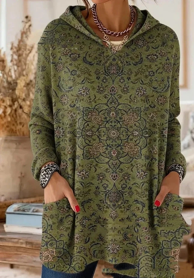 Women's Hooded Tunic Top Bohemian Print Loose Fit Long Sleeve