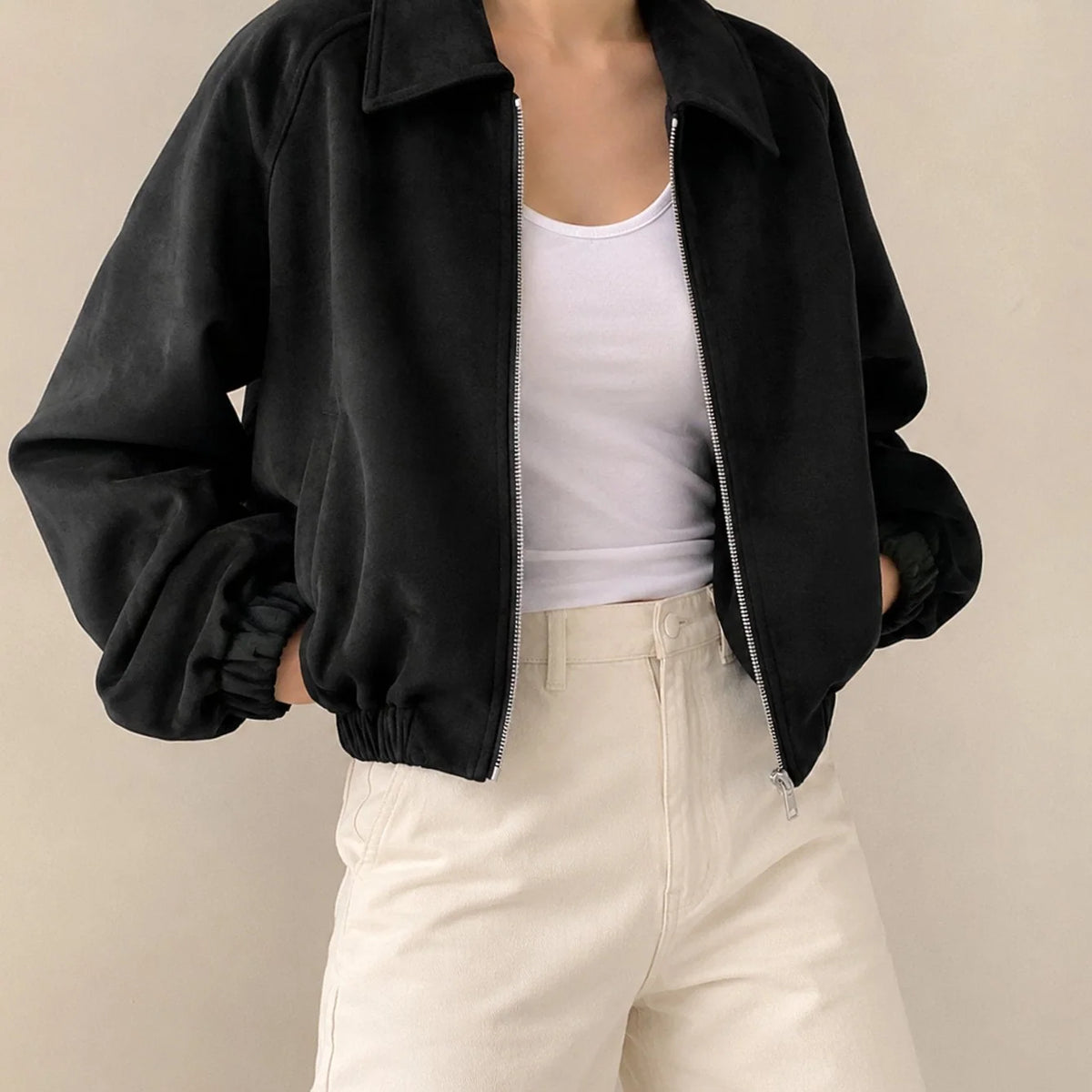 Women's Jacket Faux Suede Cropped Oversized Two-Way Zip