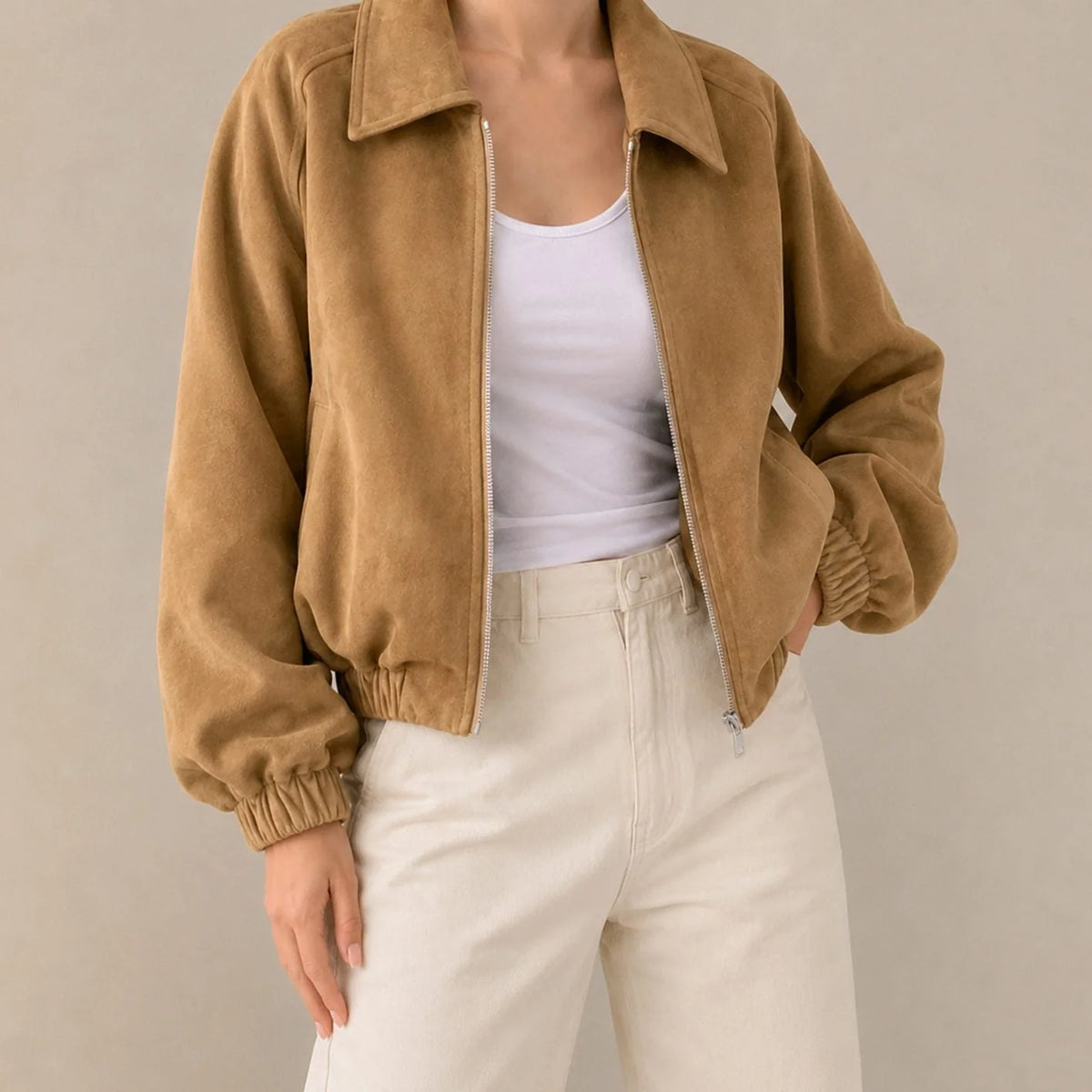 Women's Jacket Faux Suede Cropped Oversized Two-Way Zip