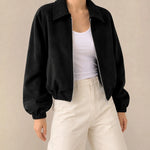 Women's Jacket Faux Suede Cropped Oversized Two-Way Zip