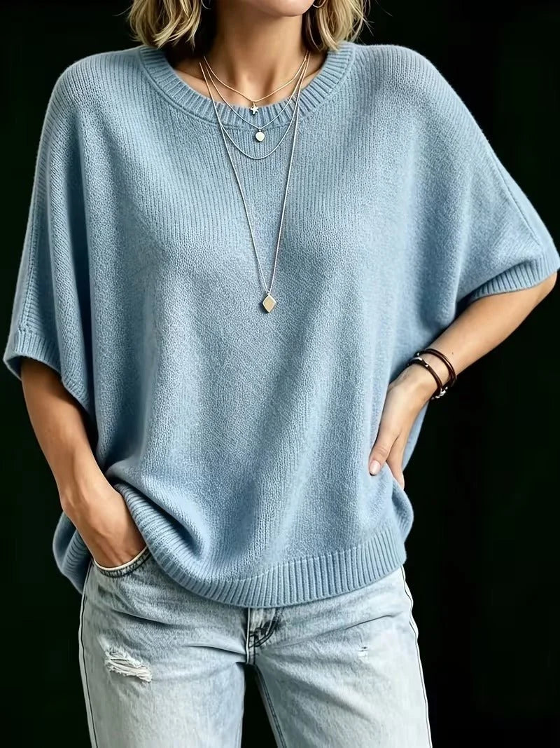 Women’s Knit Top Loose Fit Batwing Sleeves Crew Neck