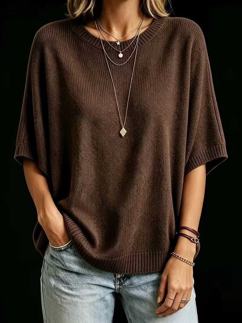 Women’s Knit Top Loose Fit Batwing Sleeves Crew Neck