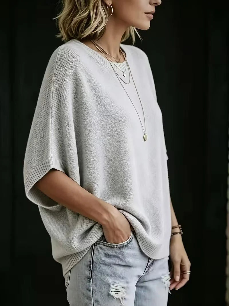 Women’s Knit Top Loose Fit Batwing Sleeves Crew Neck