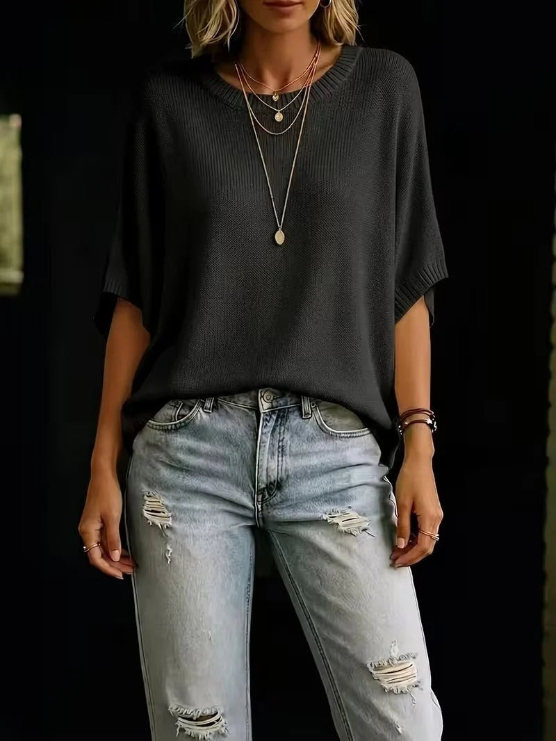 Women’s Knit Top Loose Fit Batwing Sleeves Crew Neck