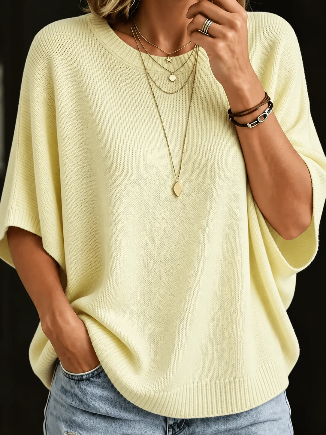 Women’s Knit Top Loose Fit Batwing Sleeves Crew Neck