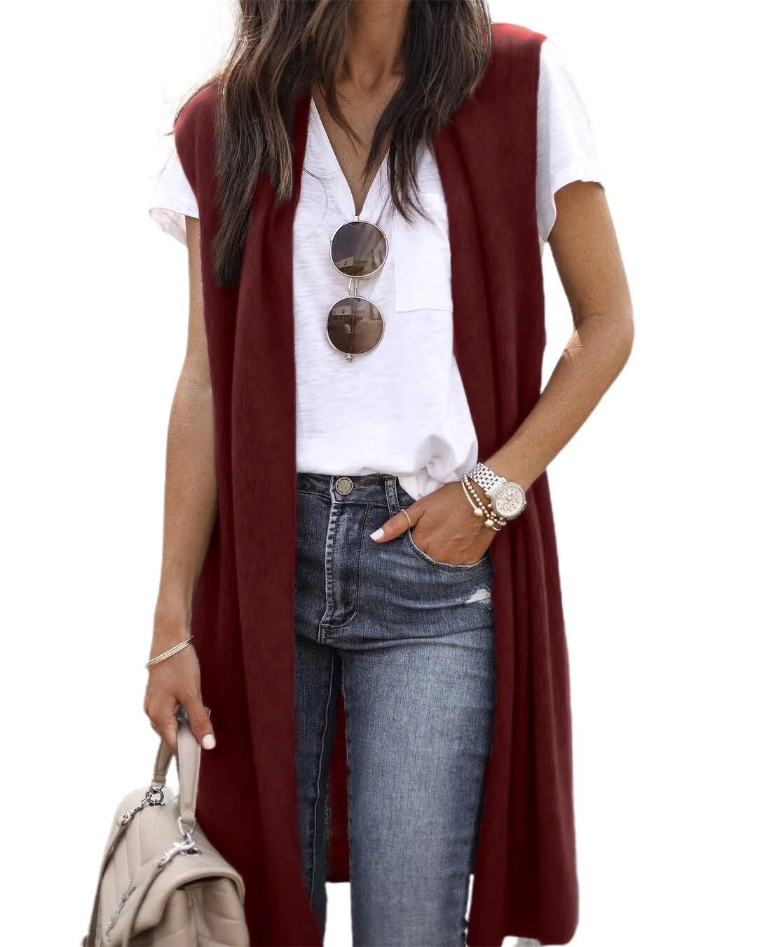 Women's Knit Vest Open Front Short Sleeve Machine Washable