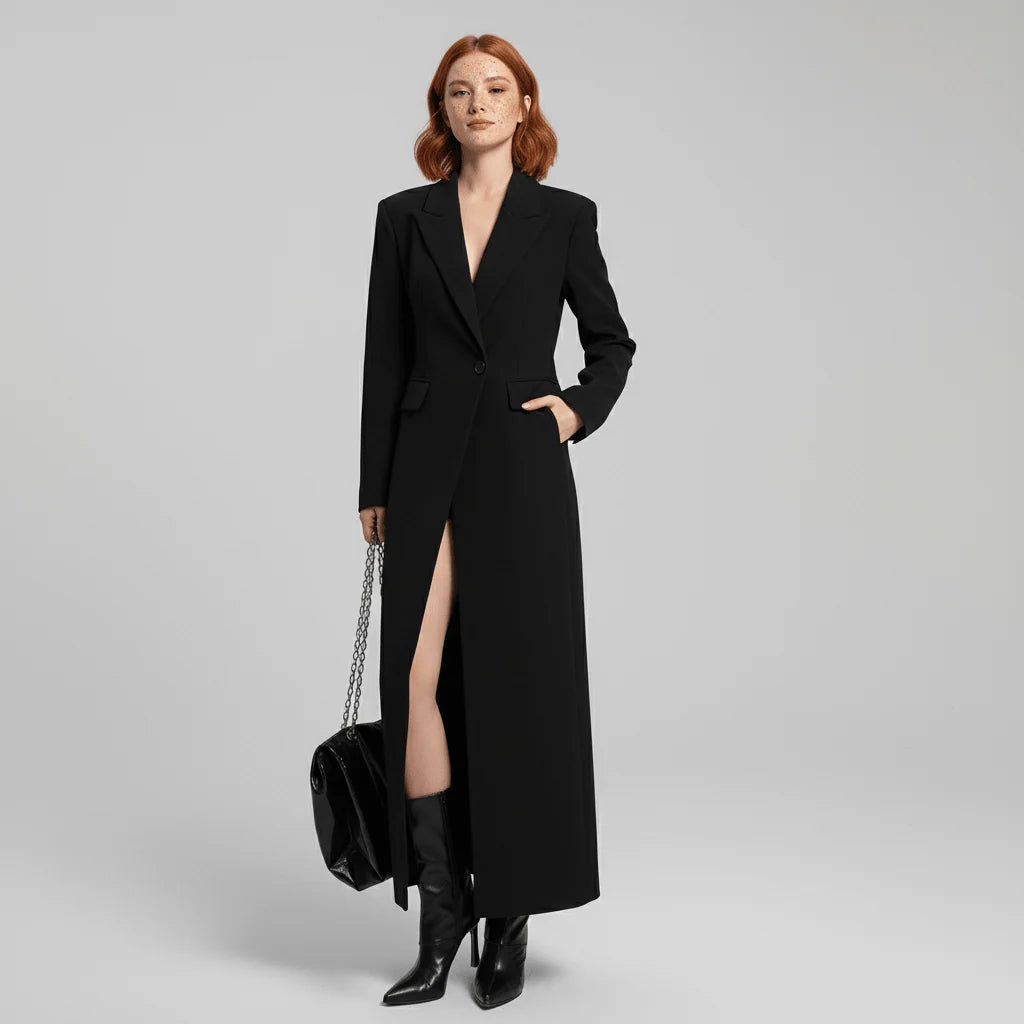 Women's Long Coat Slim Fit Mid-Calf Lined With Structured Shoulders
