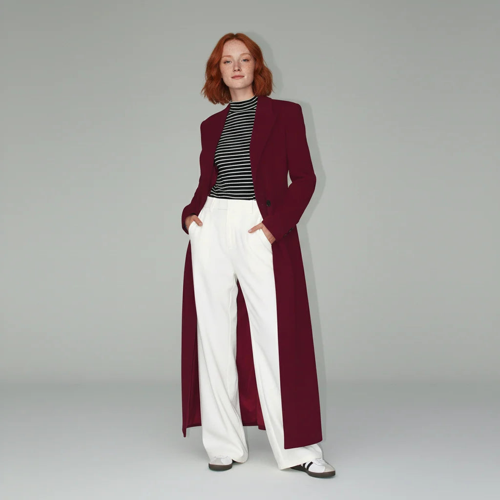 Women's Long Coat Slim Fit Mid-Calf Lined With Structured Shoulders