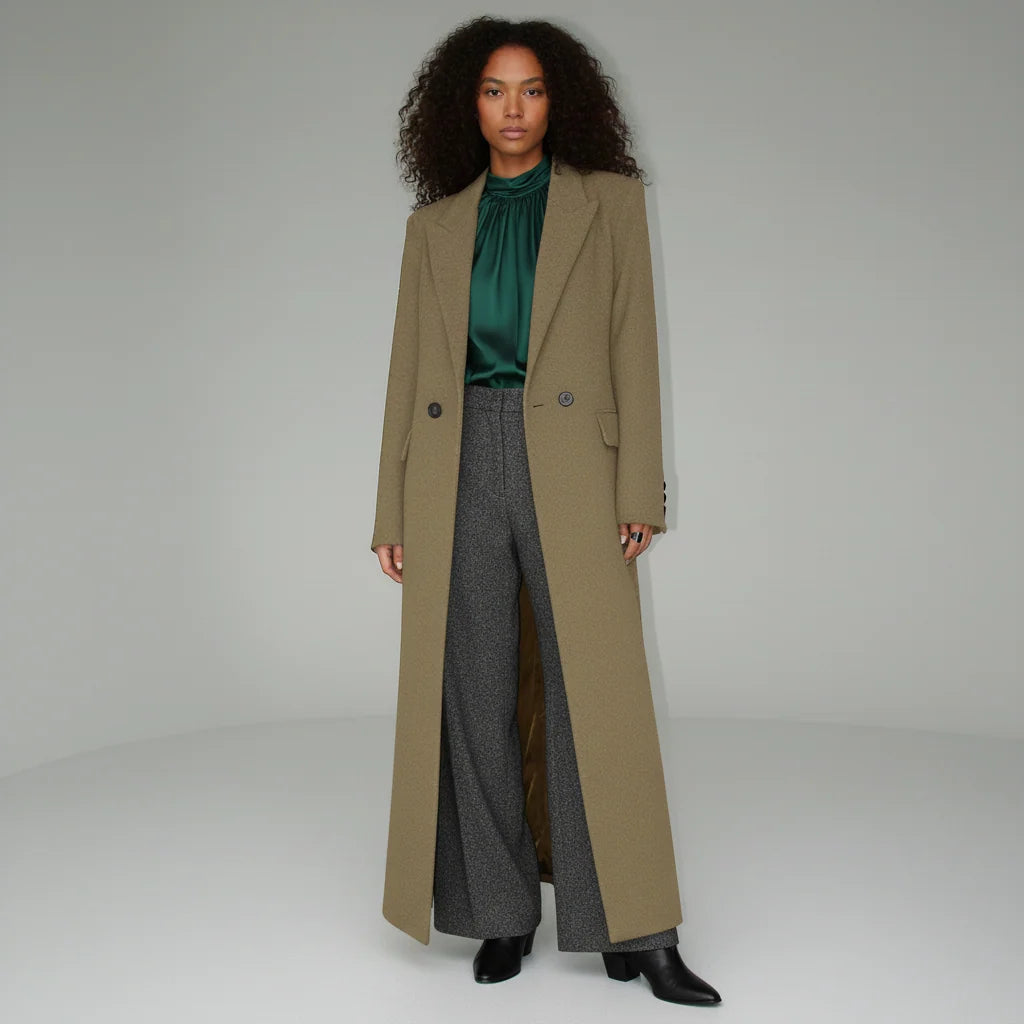 Women's Long Coat Slim Fit Mid-Calf Lined With Structured Shoulders