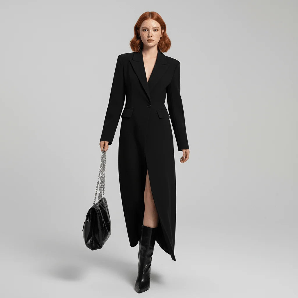 Women's Long Coat Slim Fit Mid-Calf Lined With Structured Shoulders