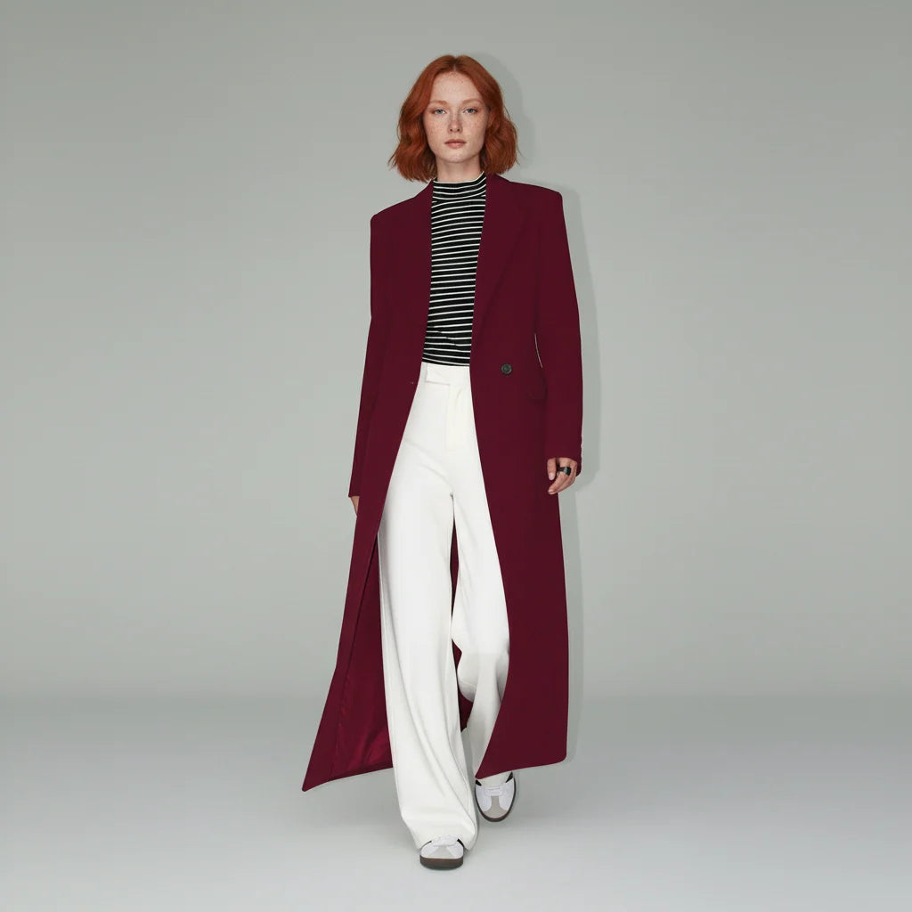 Women's Long Coat Slim Fit Mid-Calf Lined With Structured Shoulders