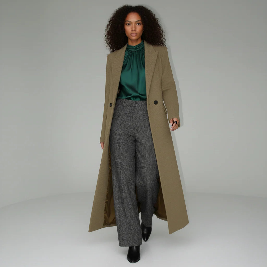 Women's Long Coat Slim Fit Mid-Calf Lined With Structured Shoulders