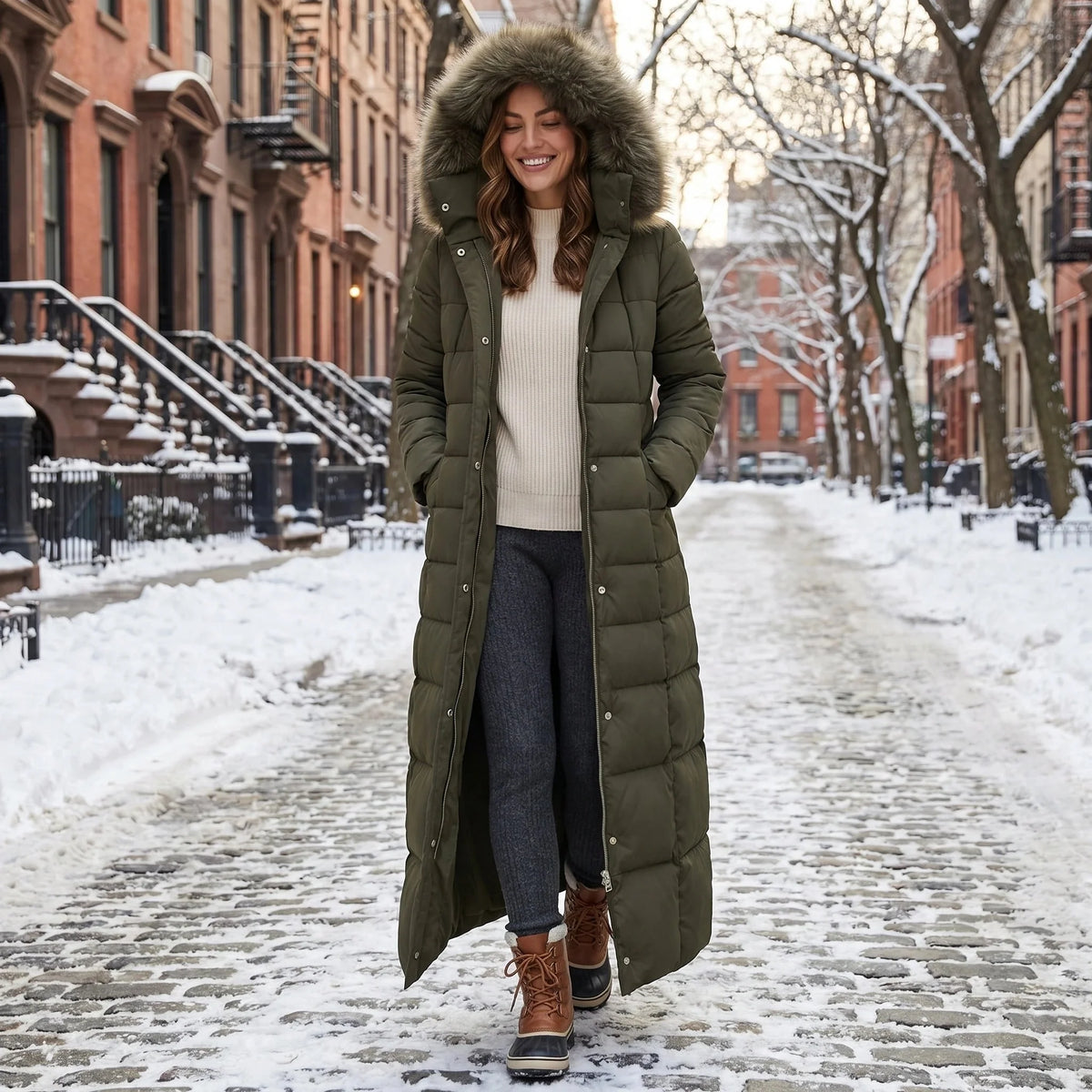 Women's Long Puffer Coat Quilted Faux Fur Hood Belted Waist