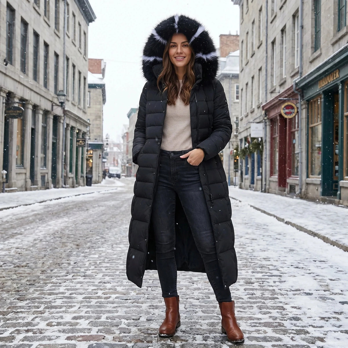 Women's Long Puffer Coat Quilted Faux Fur Hood Belted Waist