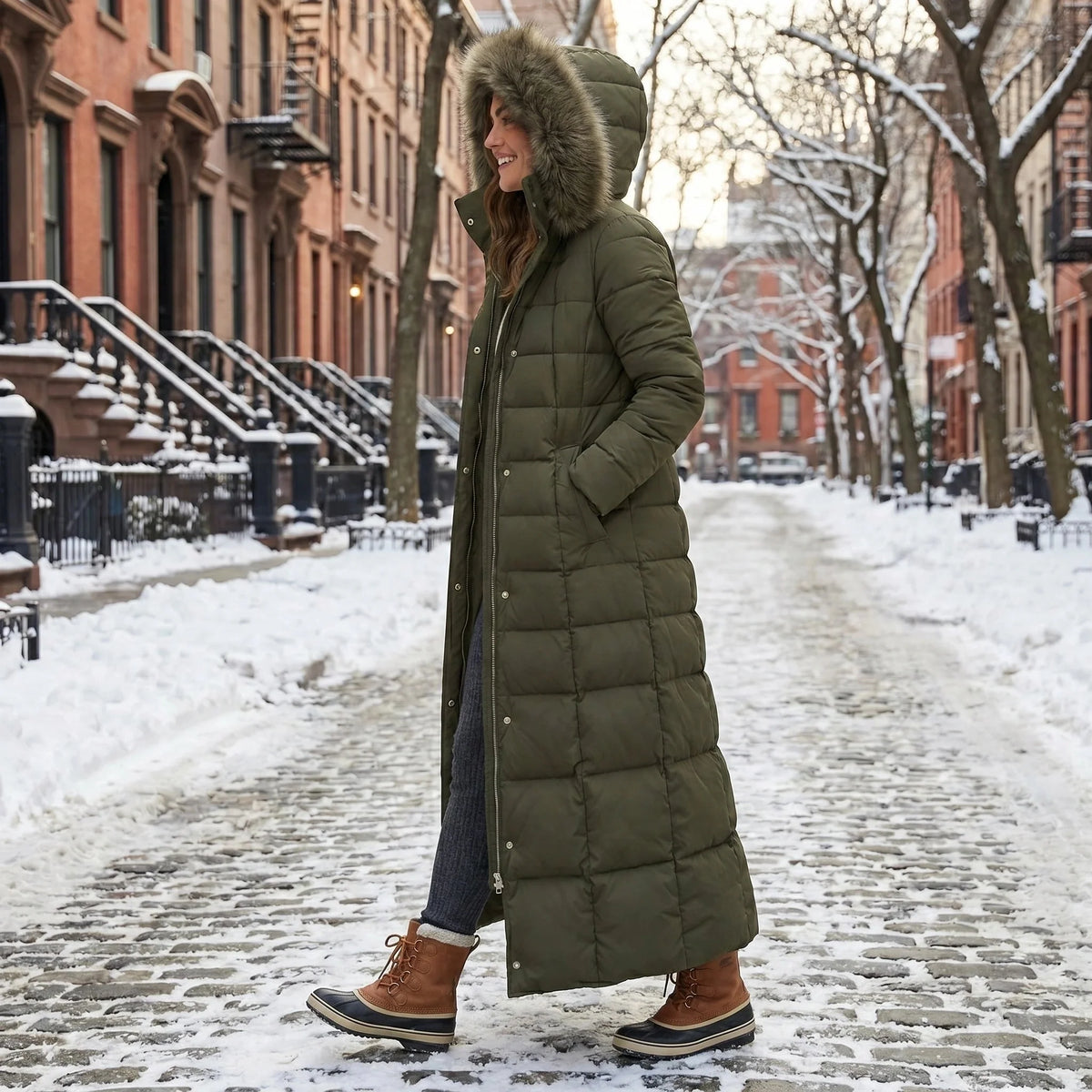Women's Long Puffer Coat Quilted Faux Fur Hood Belted Waist