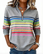 Women's Quarter Zip Sweater Multicolor Stripes High Stand Collar Ribbed Trim