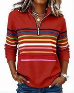 Women's Quarter Zip Sweater Multicolor Stripes High Stand Collar Ribbed Trim