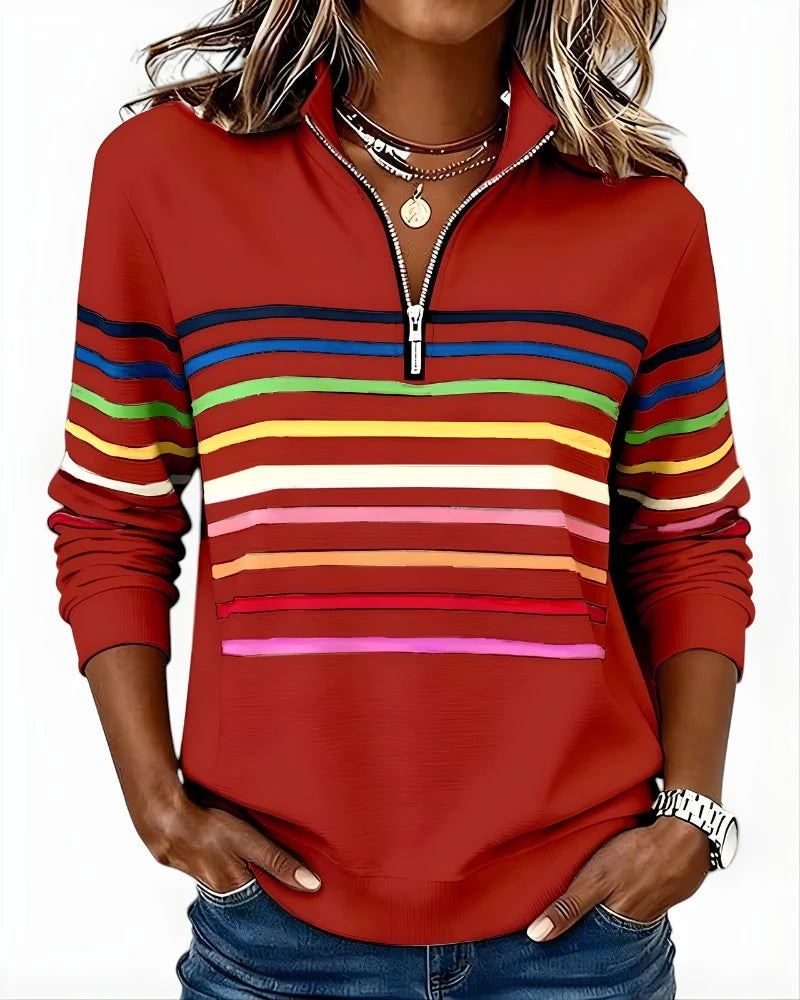 Women's Quarter Zip Sweater Multicolor Stripes High Stand Collar Ribbed Trim